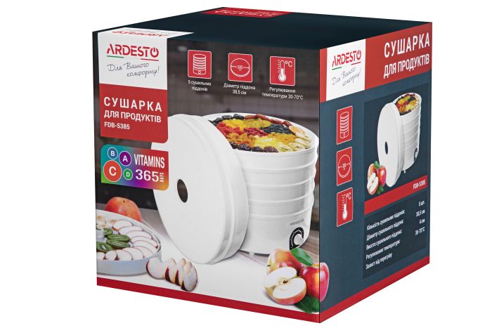 Сушарка для продуктів  , 520Вт, піддонів -5x4см, діаметр-38,5см, макс-70°С, рег.темп, пластик , білий ARDESTO FDB-5385