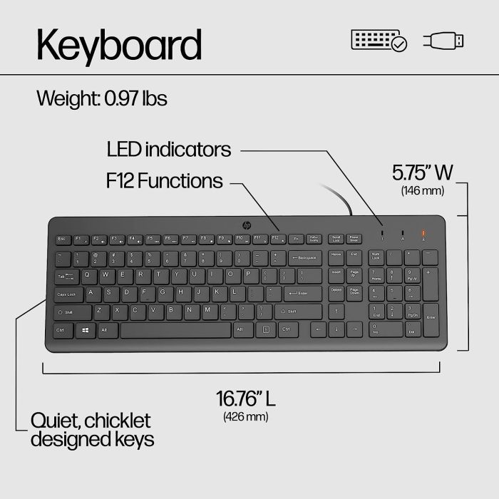 HP Keyboard membrane 150, 104key, USB-A, EN/RU, black