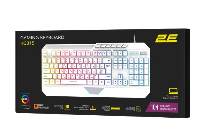 Клавіатура мембранна 2E GAMING KG315 110key, USB-A, EN/UA, RGB, білий