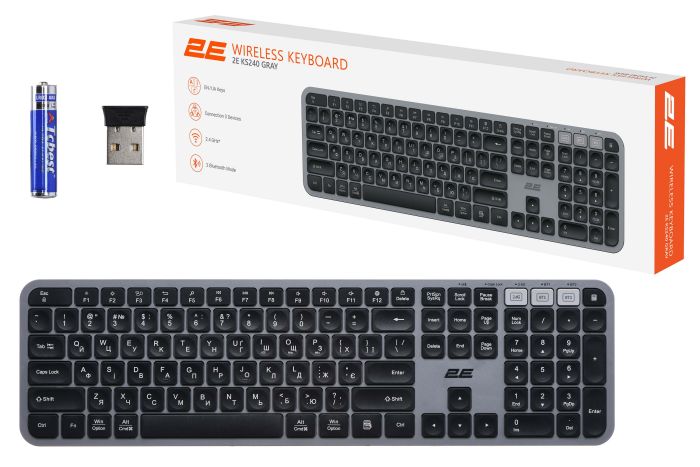 Клавіатура мембранна 2E KS240 110key, WL/BT, EN/UK, сіро-чорний