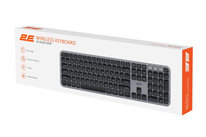 Клавіатура мембранна 2E KS240 110key, WL/BT, EN/UK, сіро-чорний