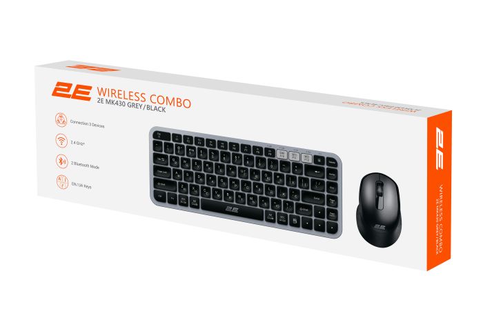 Комплект клавіатура та миша 2E MK430 WL/BT, EN/UK, сіро-чорний