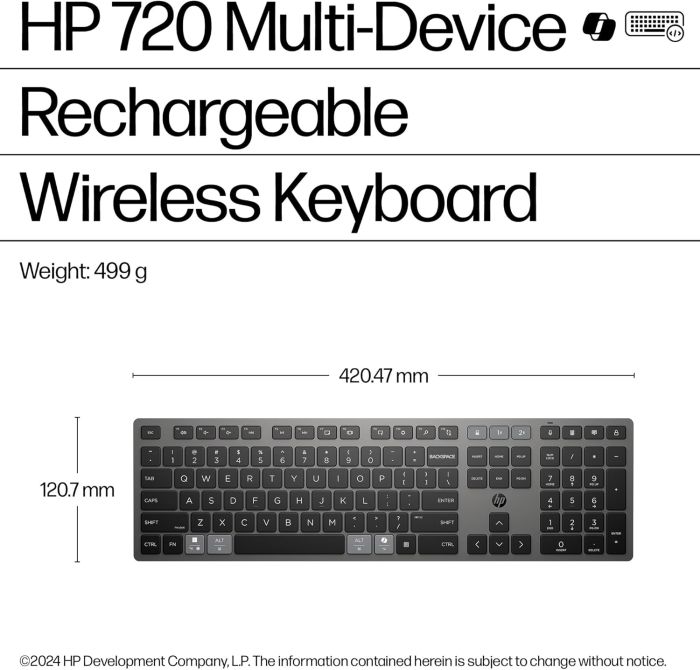 HP Keyboard membrane 720 Multi-Device Rechargeable, 109key, WL/BT, EN/UK, black