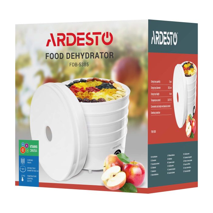 Сушарка для продуктів  , 520Вт, піддонів -5x4см, діаметр-38,5см, макс-70°С, рег.темп, пластик , білий ARDESTO FDB-5385