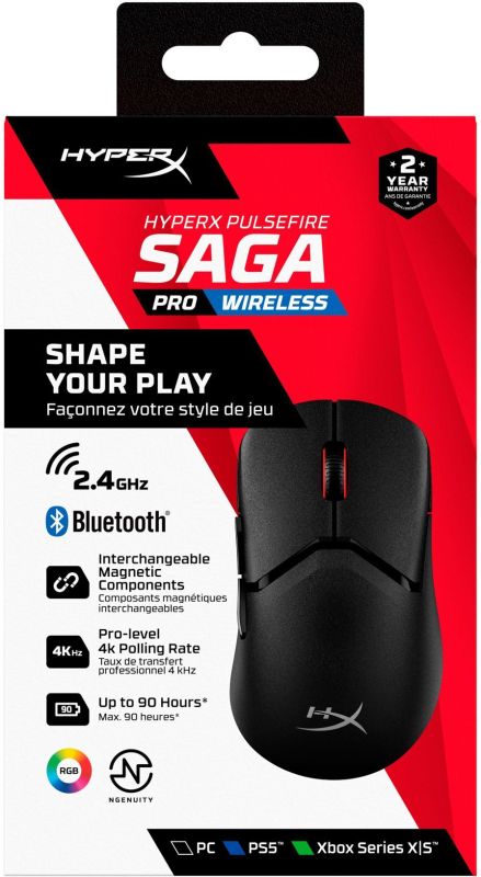 Миша HyperX Pulsefire SAGA PRO, RGB, USB-A/WL/BT, чорний