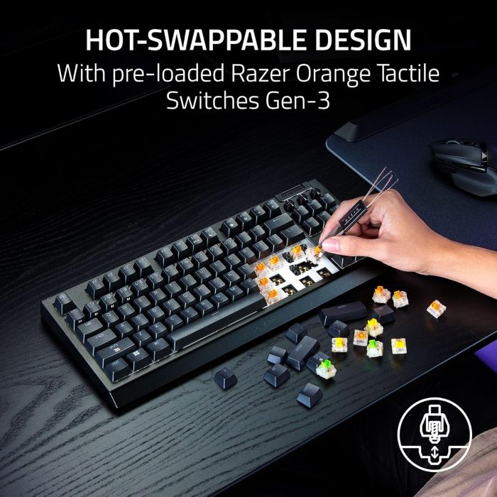 Клавіатура механічна Razer BlackWidow V4 TKL HyperSpeed, 87key, Orange Switch Gen-3, USB-A/WL/BT, EN, RGB, чорний
