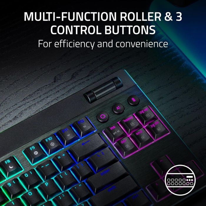 Клавіатура механічна Razer BlackWidow V4 Low-profile TKL HyperSpeed, 87key, Green Switch, USB-A/WL/BT, EN, RGB, чорний