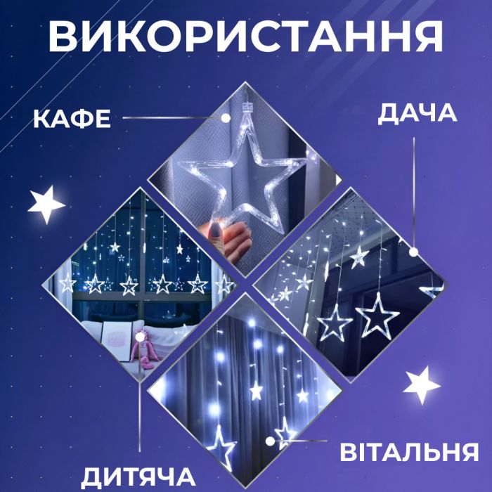 Гірлянда штора 3х0,7 м Зірки на 108 LED лампочок світлодіодна 6 великих та 6 маленьких зірок 9В 8 режимів Білий 1733055W