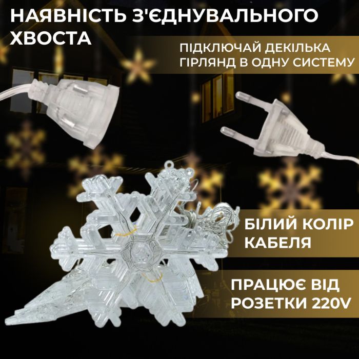 Гірлянда світлодіодна штора GarlandoPro сніжинка і зірка 12 фігур 3х1м гірлянда зірка Жовтий 1733063Y