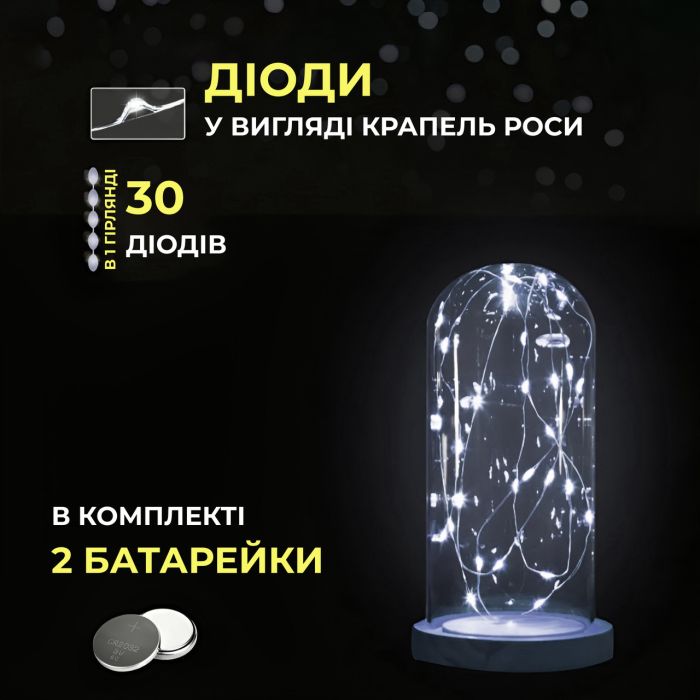 Світлодіодна гірлянда Роса 3 метри на батарейках 30 led нитка на зеленому дроті біла 30L3MGW