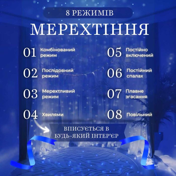 Гірлянда штора 2х2 м 240 LED світлодіодна мідний провід 8 ниток Синій ZWM2240LEDBL